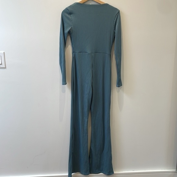 Club L London ASOS Jumpsuit Romper Plunge Zipfront Wide Leg Rib Knit Blue 4 - Picture 8 of 9